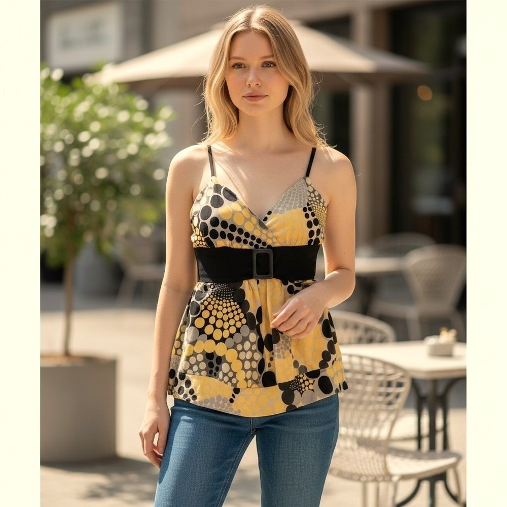 Fashion Bug Stretch- Women's XL Tank Blouse Top Sleeveless Yellow Black Strappy